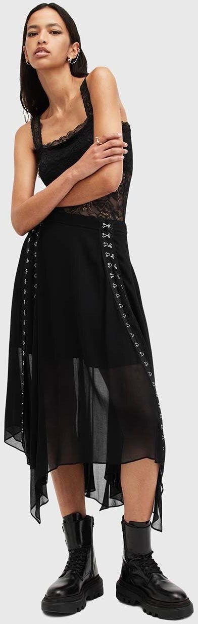 Sukňa AllSaints LUNA čierna farba, midi, áčkový strih, W013RB