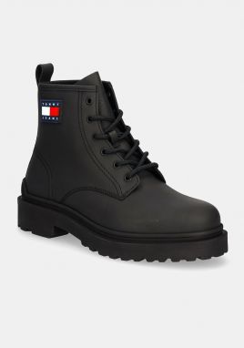 Kožená obuv Tommy Jeans TJM LEATHER LACE UP BOOT pánska, čierna farba, EM0EM01447