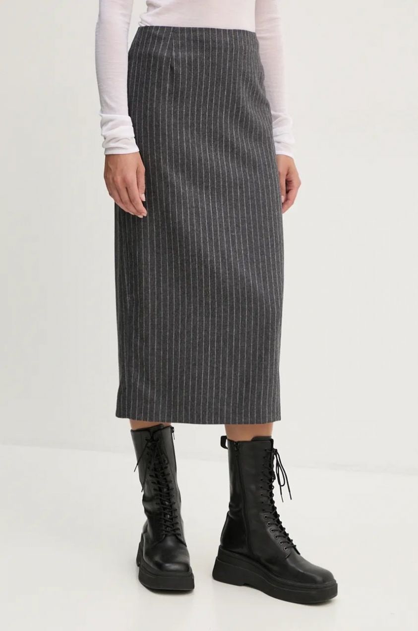 Vlnená sukňa The Kooples šedá farba, midi, rovný strih, FJUP29054K