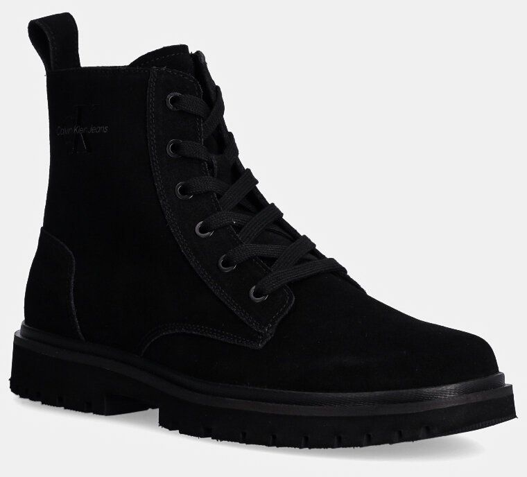 Kožené topánky Calvin Klein Jeans EVA BOOT MID LACEUP ICONIC DRESS pánske, čierna farba, YM0YM01070