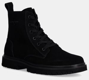 Kožené topánky Calvin Klein Jeans EVA BOOT MID LACEUP ICONIC DRESS pánske, čierna farba, YM0YM01070