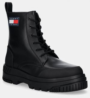 Kožené členkové topánky Tommy Jeans TJM LACE UP LEATHER BOOT pánske, čierna farba, EM0EM01511