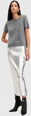 Kožená sukňa AllSaints RENAI PENCIL SKIRT strieborná farba, midi, rovný strih, W070RB