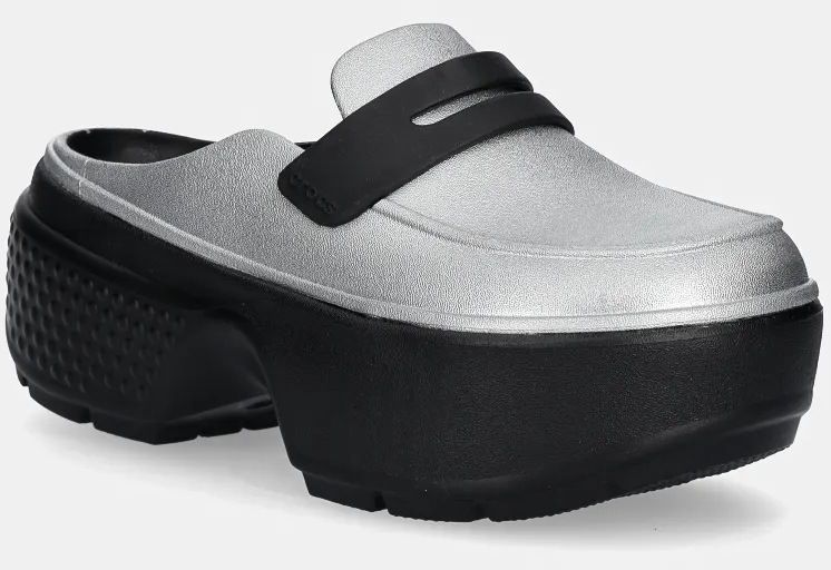 Šľapky Crocs Stomp Metallic Loafer Clog dámske, strieborná farba, na platforme, 210363