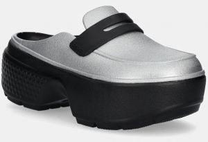 Šľapky Crocs Stomp Metallic Loafer Clog dámske, strieborná farba, na platforme, 210363