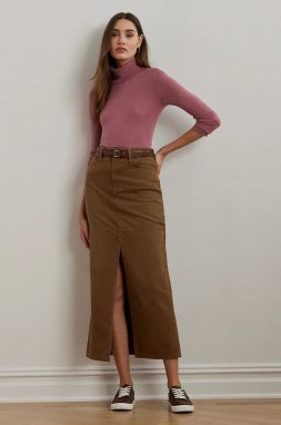 Bavlnená sukňa Lauren Ralph Lauren béžová farba, midi, rovný strih, 200956569