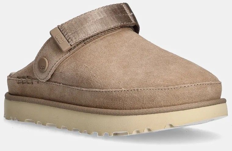 Detské semišové šľapky UGG Goldenstar Clog dámske, béžová farba, na platforme, 1138252-SAN