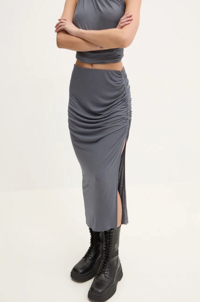 Sukňa Rick Owens Lilies šedá farba, midi, puzdrová, LI02D5310RV