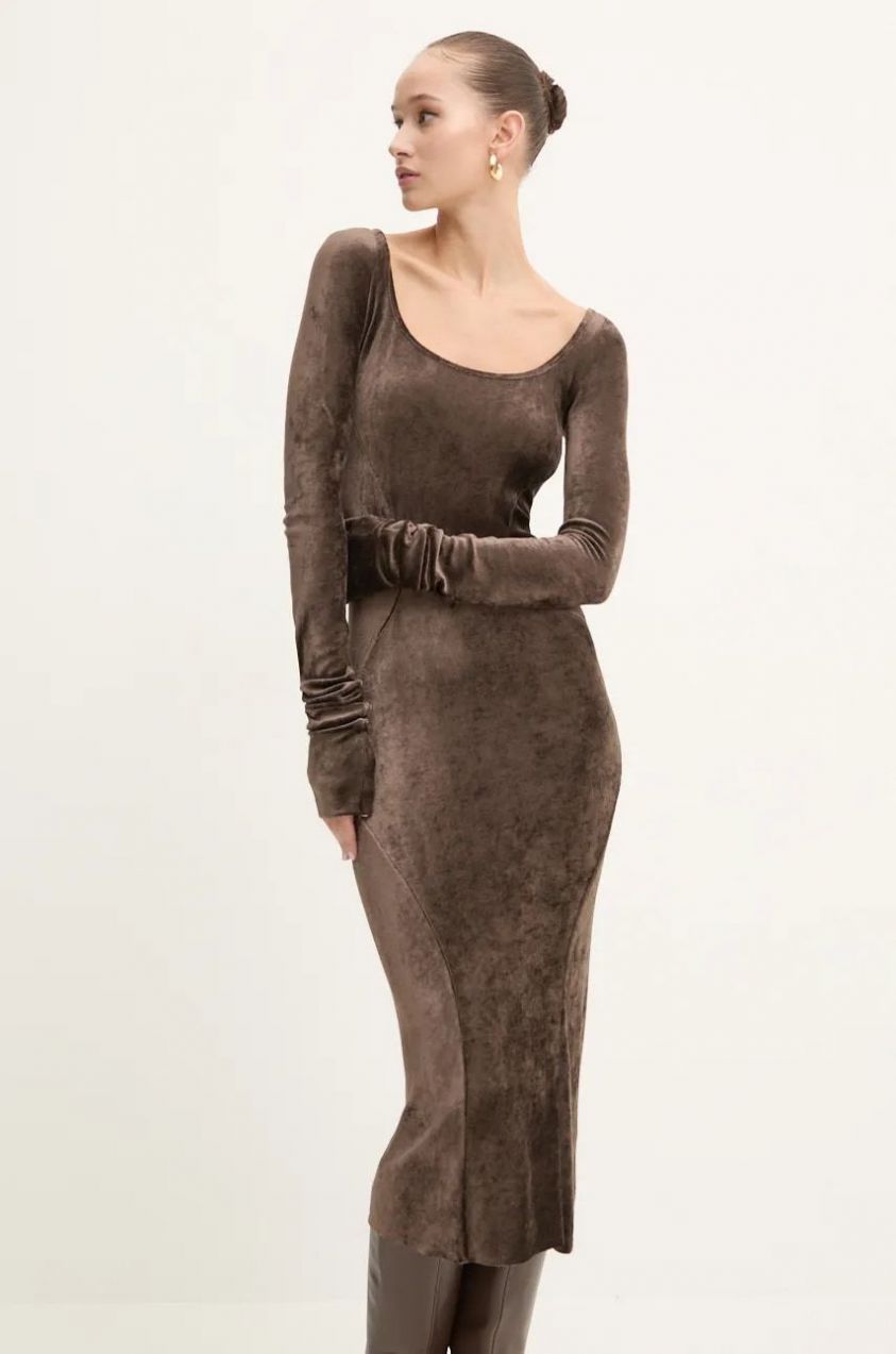 Zamatové šaty Rick Owens Lilies hnedá farba, maxi, priliehavá, LI02D5532VSTET2
