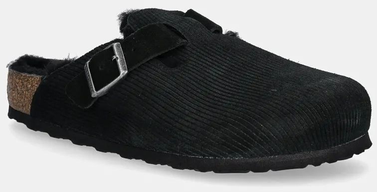 Semišové šľapky Birkenstock Boston Corduroy Shearling pánske, čierna farba, 1028326