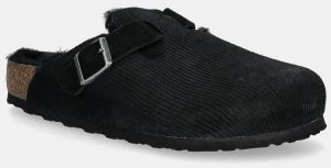 Semišové šľapky Birkenstock Boston Corduroy Shearling pánske, čierna farba, 1028326