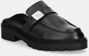 Kožené šľapky Calvin Klein Jeans FLATFORM SLIPON MG LTH dámske, čierna farba, YW0YW01655