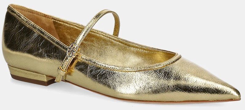 Kožené balerínky Tory Burch Double T Buckle Mary Jane zlatá farba, 166038-723