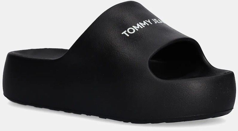 Šľapky Tommy Jeans TJW FLATFORM POOL SLIDE ESS dámske, čierna farba, na platforme, EN0EN02763