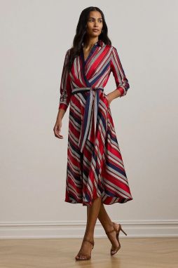 Šaty Lauren Ralph Lauren červená farba, midi, áčkový strih, 250957090
