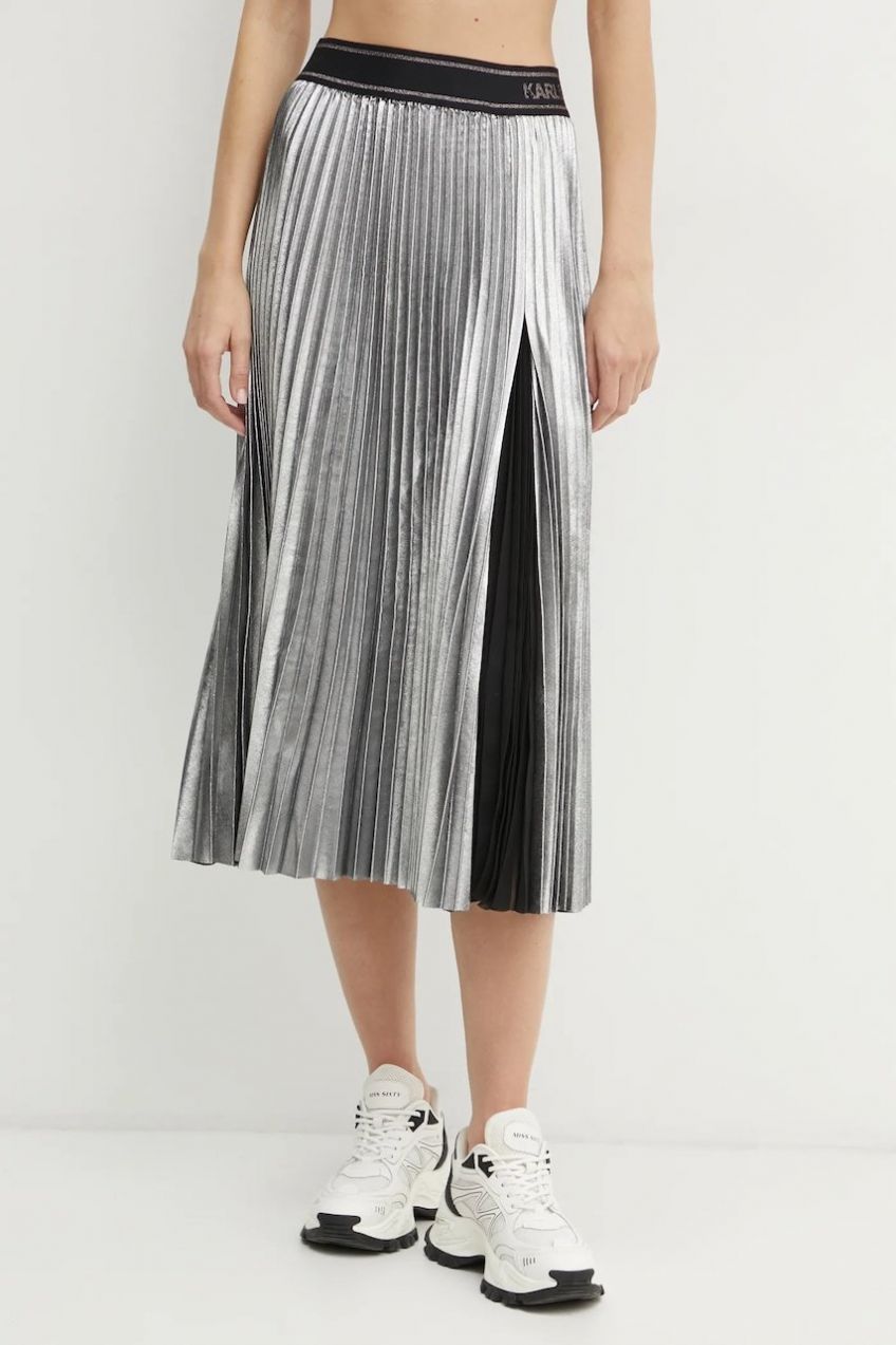 Sukňa Karl Lagerfeld strieborná farba, midi, áčkový strih, A1W12004