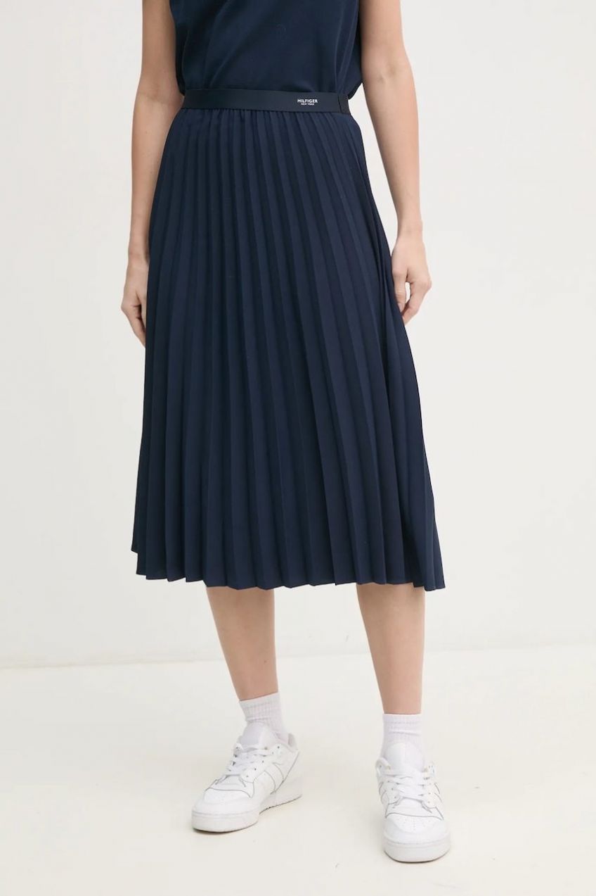 Sukňa Tommy Hilfiger tmavomodrá farba, midi, áčkový strih, WW0WW43886