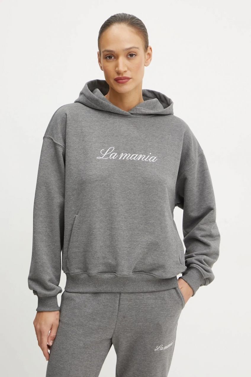 Mikina La Mania ROCKY dámska, šedá farba, s kapucňou, s nášivkou, LM.ROCKY