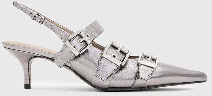 Kožené lodičky AllSaints Grace Buckle Heel strieborná farba, W150FB