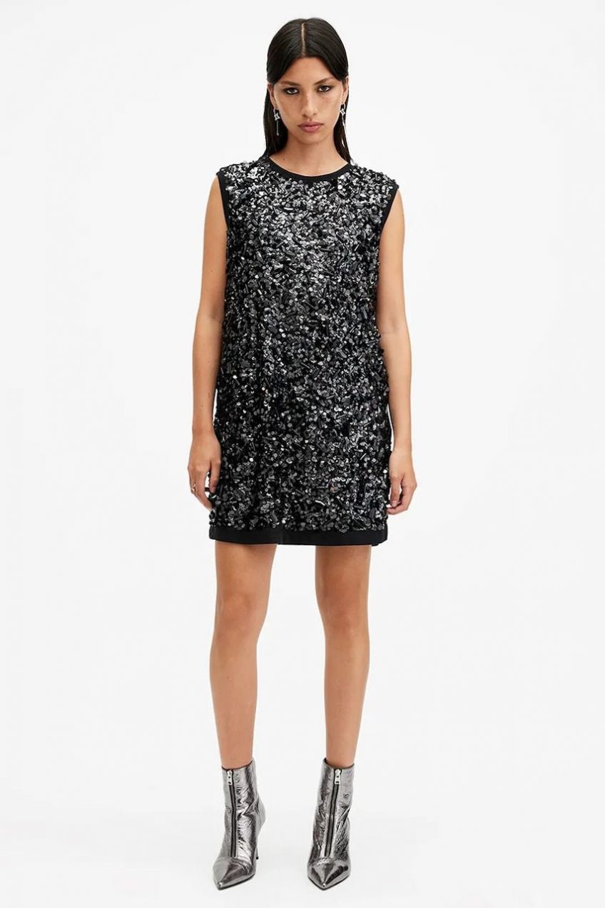 Šaty AllSaints ILIA čierna farba, mini, oversize, W178DB