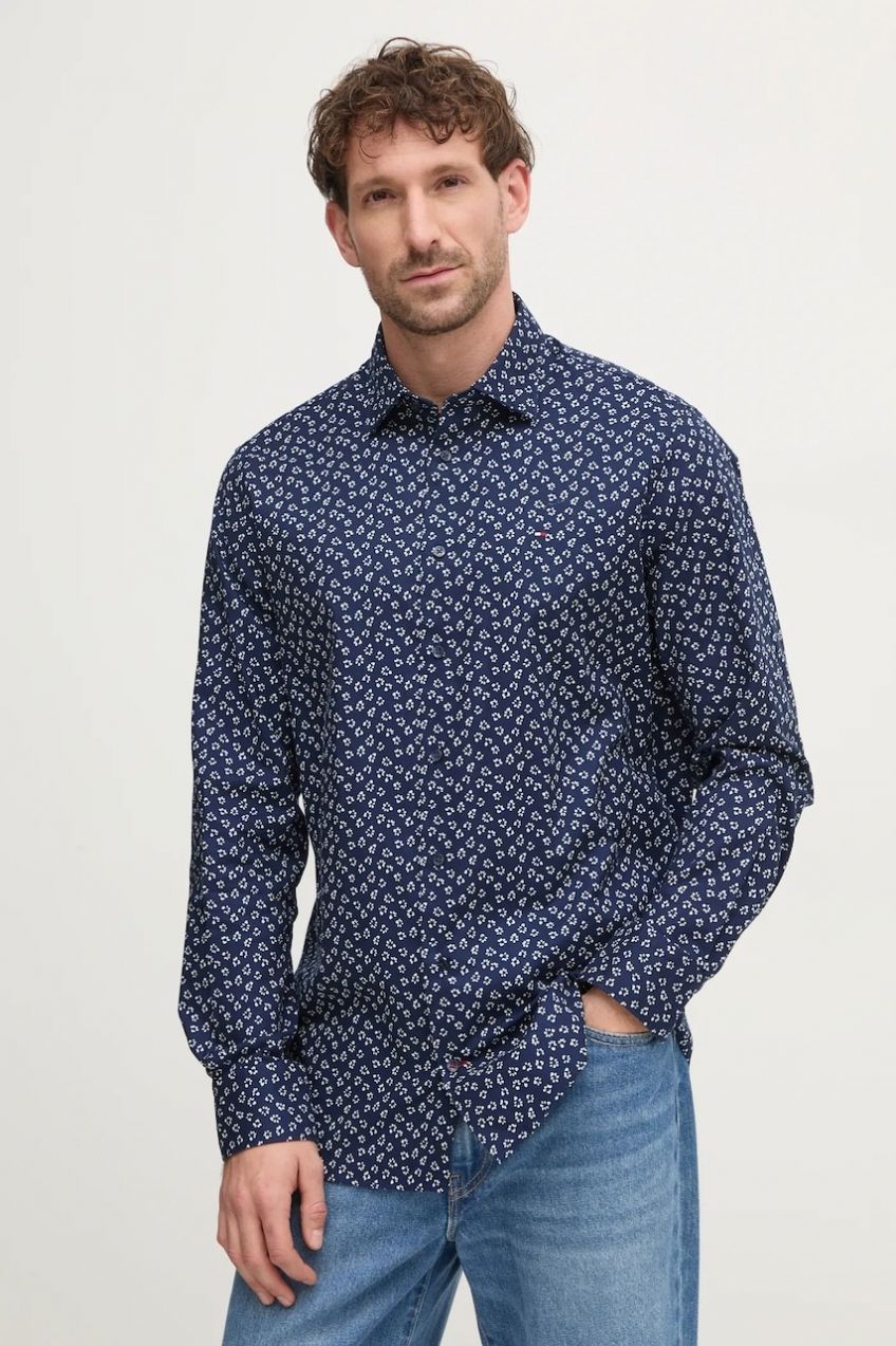 Bavlnená košeľa Tommy Hilfiger pánska, tmavomodrá farba, regular, s klasickým golierom, MW0MW37594