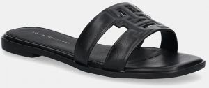 Kožené šľapky Tommy Hilfiger TH LOGO STRAP MULE dámske, čierna farba, FW0FW08671