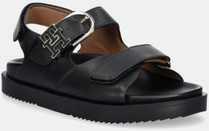 Kožené sandále Tommy Hilfiger LEATHER SPORTY SANDAL dámske, čierna farba, FW0FW08799