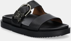 Kožené šľapky Tommy Hilfiger LEATHER SPORTY MULE dámske, čierna farba, FW0FW08512