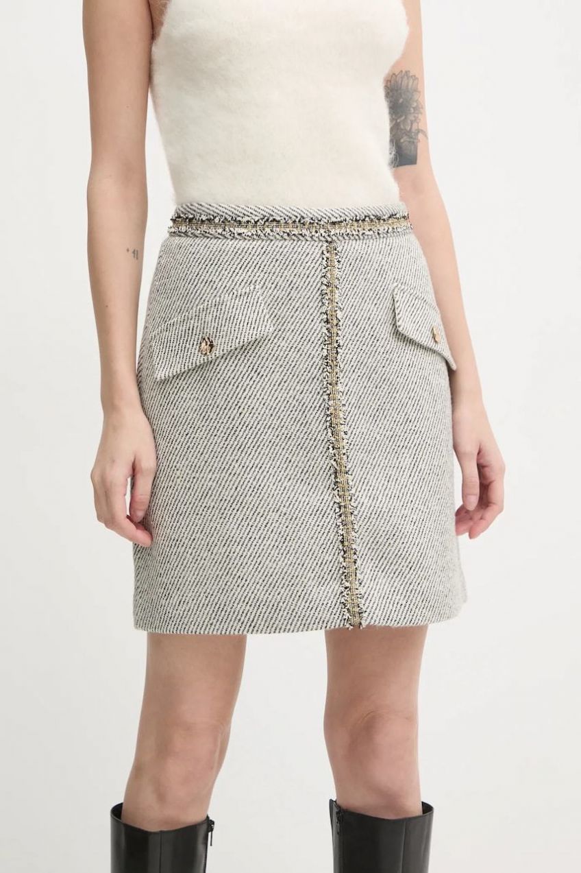 Sukňa s prímesou vlny Bruuns Bazaar šedá farba, mini, rovný strih, BBW4200