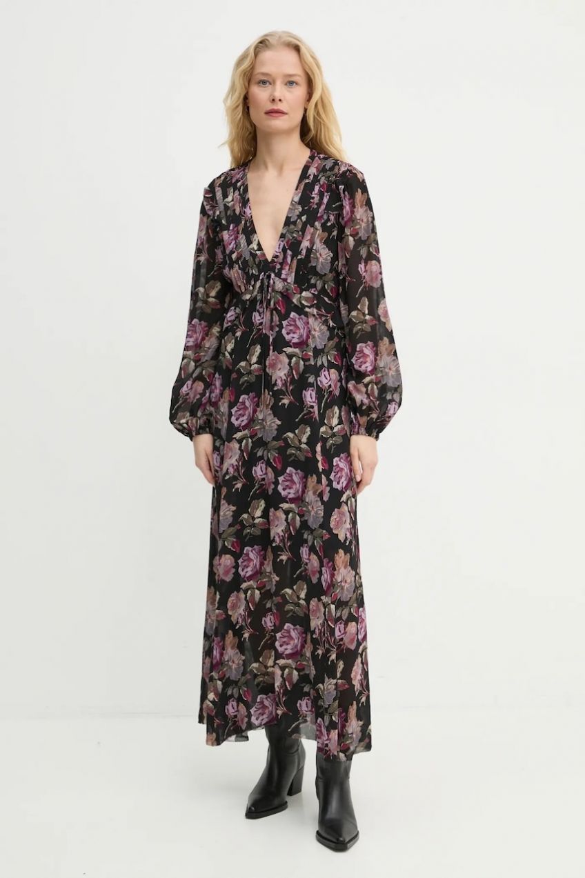 Šaty The Kooples čierna farba, maxi, rovný strih, FROB29079K