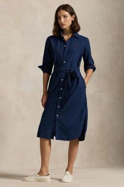 Bavlnené šaty Polo Ralph Lauren tmavomodrá farba, midi, rovný strih, 211963031