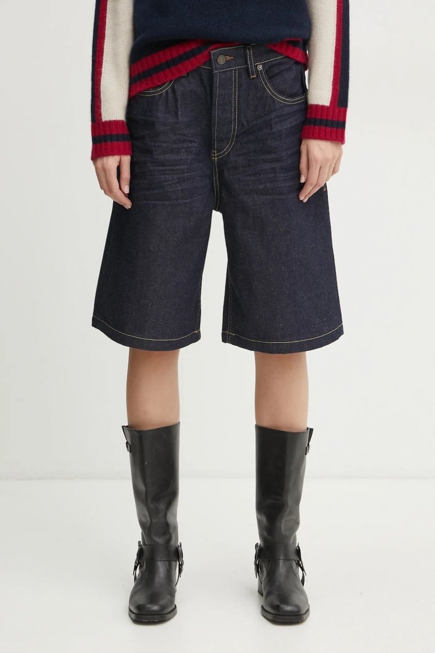 Rifľové krátke nohavice Diesel DE-SIRE-SHORT SHORTS dámske, tmavomodrá farba, jednofarebné, vysoký pás, A14051.0GRDV