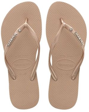 Šľapky Havaianas SLIM METAL LOGO AND CRYSTAL dámske, béžová farba, na plochom podpätku, 4129769-3581