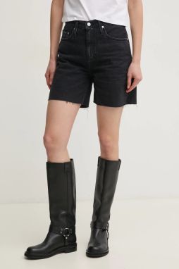 Rifľové krátke nohavice Calvin Klein Jeans dámske, čierna farba, jednofarebné, vysoký pás, J20J225190