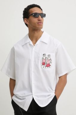 Bavlnená košeľa MSGM pánska, biela farba, voľný strih, s klasickým golierom, 3840ME06X.257100
