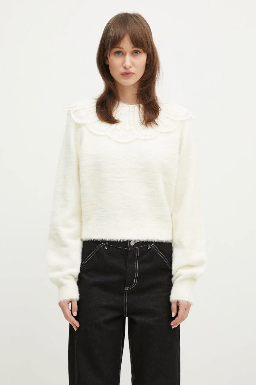 Sveter Rotate Lace Collar Knit dámsky, béžová farba, 113212269