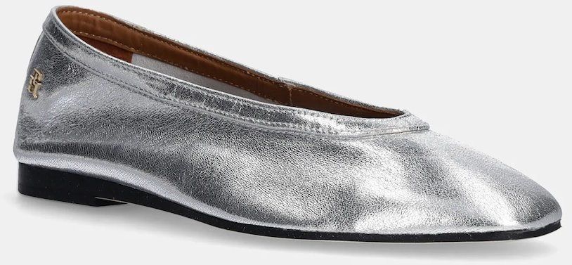 Kožené balerínky Tommy Hilfiger SOFT METAL LTHR BALLERINA NO BOW strieborná farba, FW0FW08601