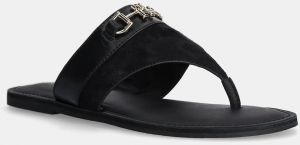 Kožené žabky Tommy Hilfiger MIXED LEATHER HORSEBIT THONG dámske, čierna farba, na plochom podpätku, FW0FW08506