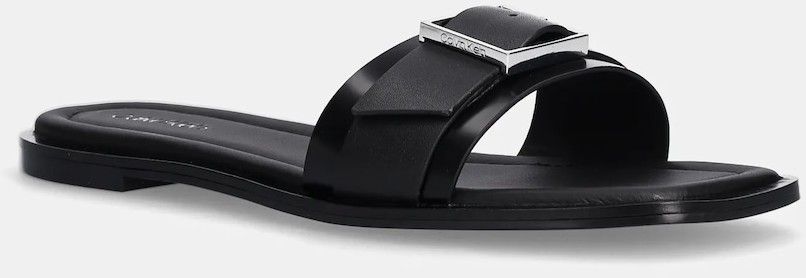 Kožené šľapky Calvin Klein FLAT SLIDE W/BUCKLE - LTH dámske, čierna farba, HW0HW02490