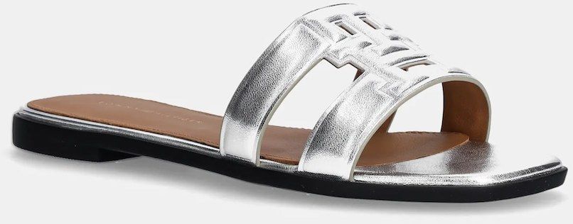 Kožené šľapky Tommy Hilfiger TH LOGO STRAP METALLIC MULE dámske, strieborná farba, FW0FW08676