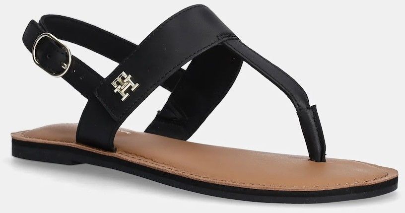 Kožené sandále Tommy Hilfiger LEATHER THONG SANDAL dámske, čierna farba, FW0FW08505