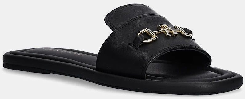 Kožené šľapky Tommy Hilfiger LEATHER HORSEBIT MULE dámske, čierna farba, FW0FW08420