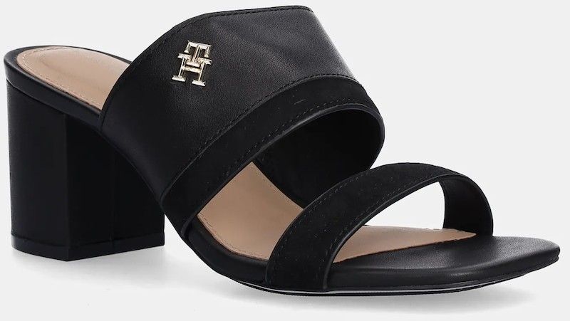 Kožené šľapky Tommy Hilfiger LEATHER & SUEDE BLOCK HEEL MULE dámske, čierna farba, na podpätku, FW0FW08530