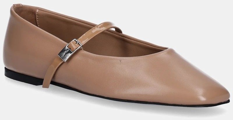 Kožené balerínky Calvin Klein BALLERINA NEW BUCKLE - LTH béžová farba, HW0HW02483
