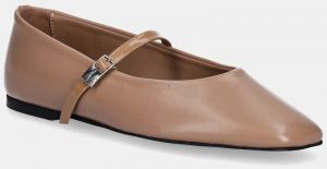 Kožené balerínky Calvin Klein BALLERINA NEW BUCKLE - LTH béžová farba, HW0HW02483