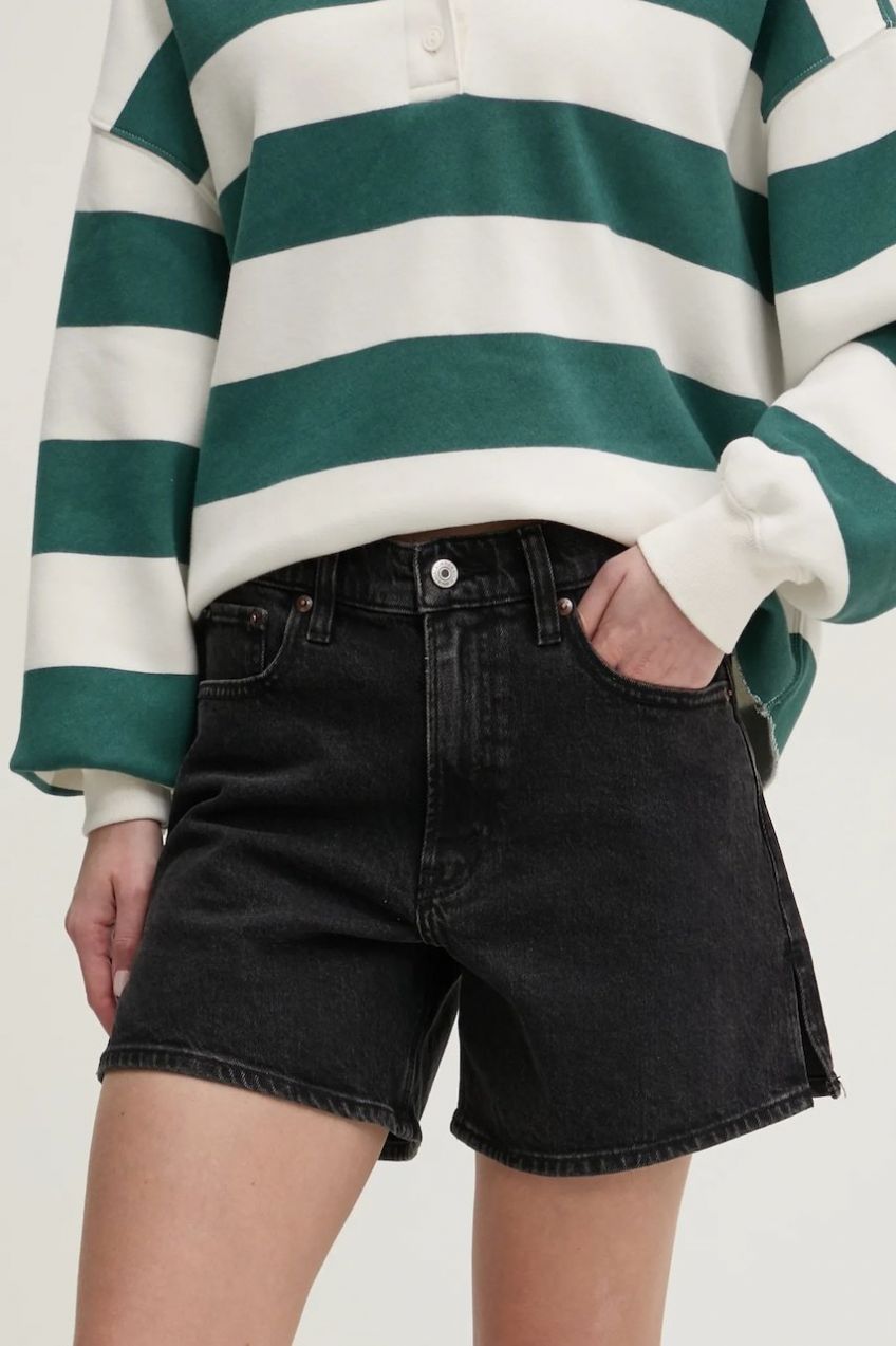 Rifľové krátke nohavice Abercrombie & Fitch dámske, čierna farba, jednofarebné, vysoký pás, KI149-5012