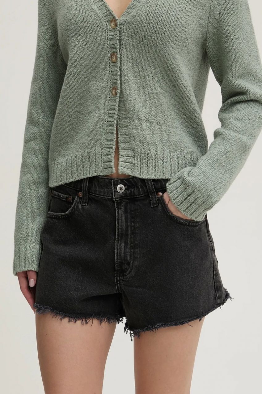 Rifľové krátke nohavice Abercrombie & Fitch dámske, šedá farba, jednofarebné, vysoký pás, KI149-5000