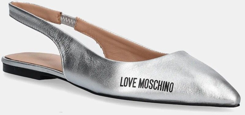Kožené balerínky Love Moschino strieborná farba, s otvorenou pätou, JA11021G1MIF0902