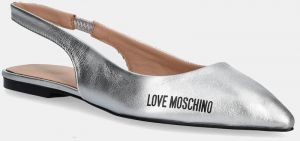Kožené balerínky Love Moschino strieborná farba, s otvorenou pätou, JA11021G1MIF0902