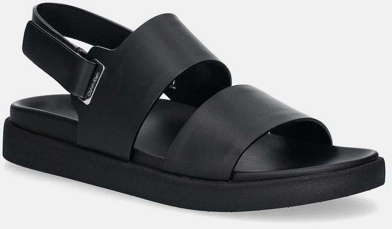 Kožené sandále Calvin Klein FLAT ADJ SANDAL EYELET dámske, čierna farba, HW0HW02488